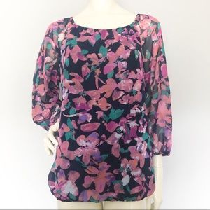 Ann Taylor Blouse Navy Floral Peasant Sleeves